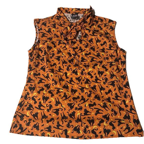 Retrolicious Orange Cat Print Tie Neck Sleeveless Top Sz Xl Halloween Kitty - Picture 9 of 11